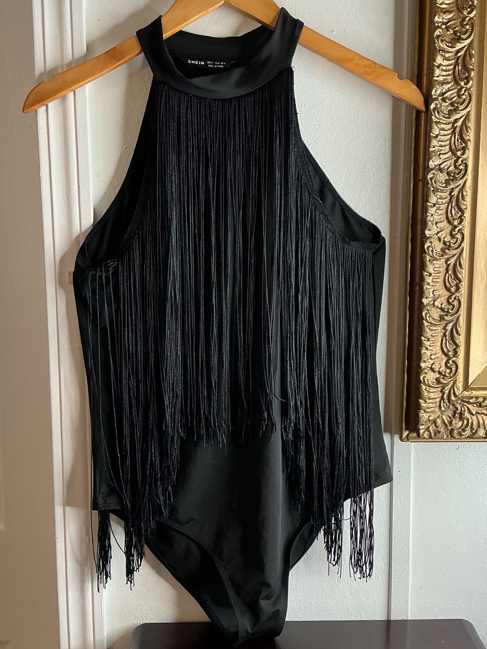 SHEIN Black Fringe Halter Bodysuit